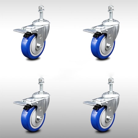 Service Caster 4 Inch SS Blue Polyurethane 10mm Threaded Stem Caster Set Total Lock Brake SCC-SSTSTTL20S414-PPUB-BLUE-M1015-4